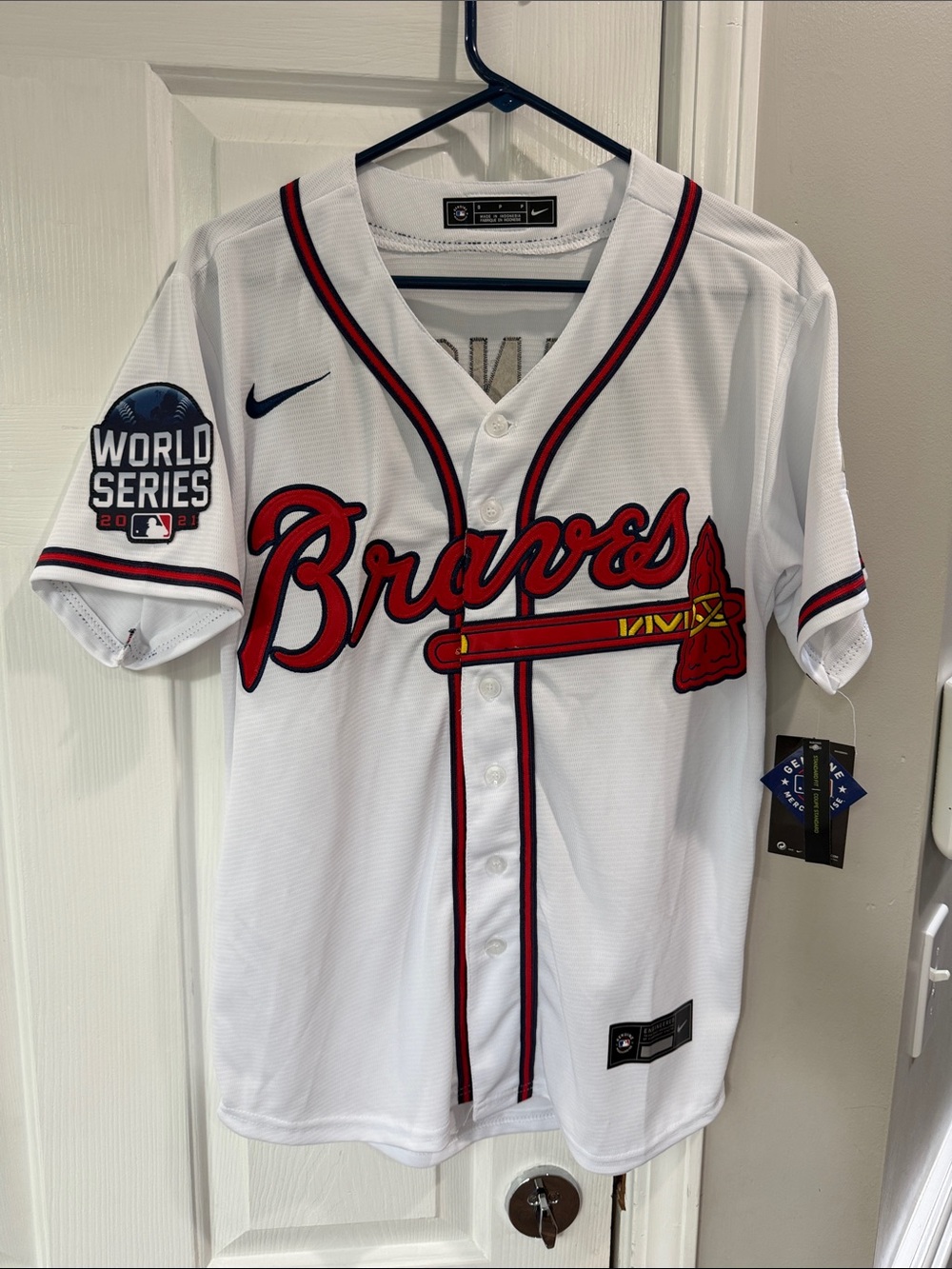 Men’s size small - Dansby Swanson Nike White Atlanta Braves Jersey with Red Trim